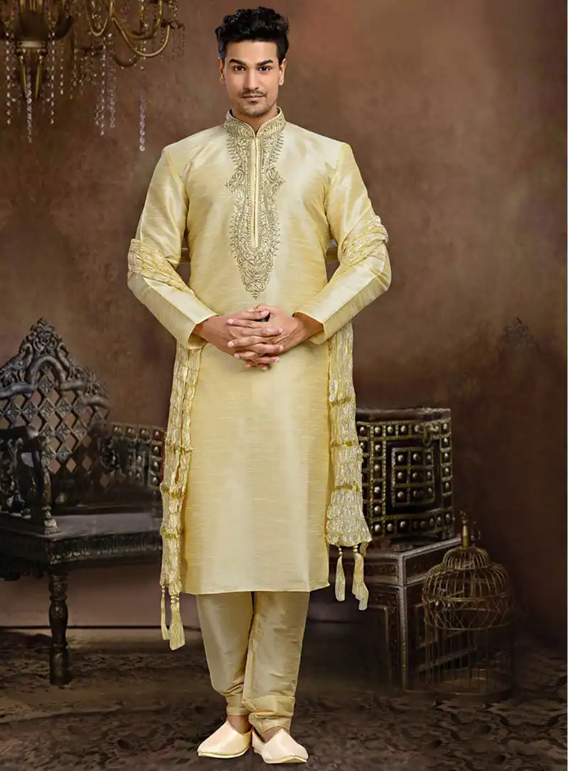 Light Yellow Dupion Readymade Kurta With Churidar 73836