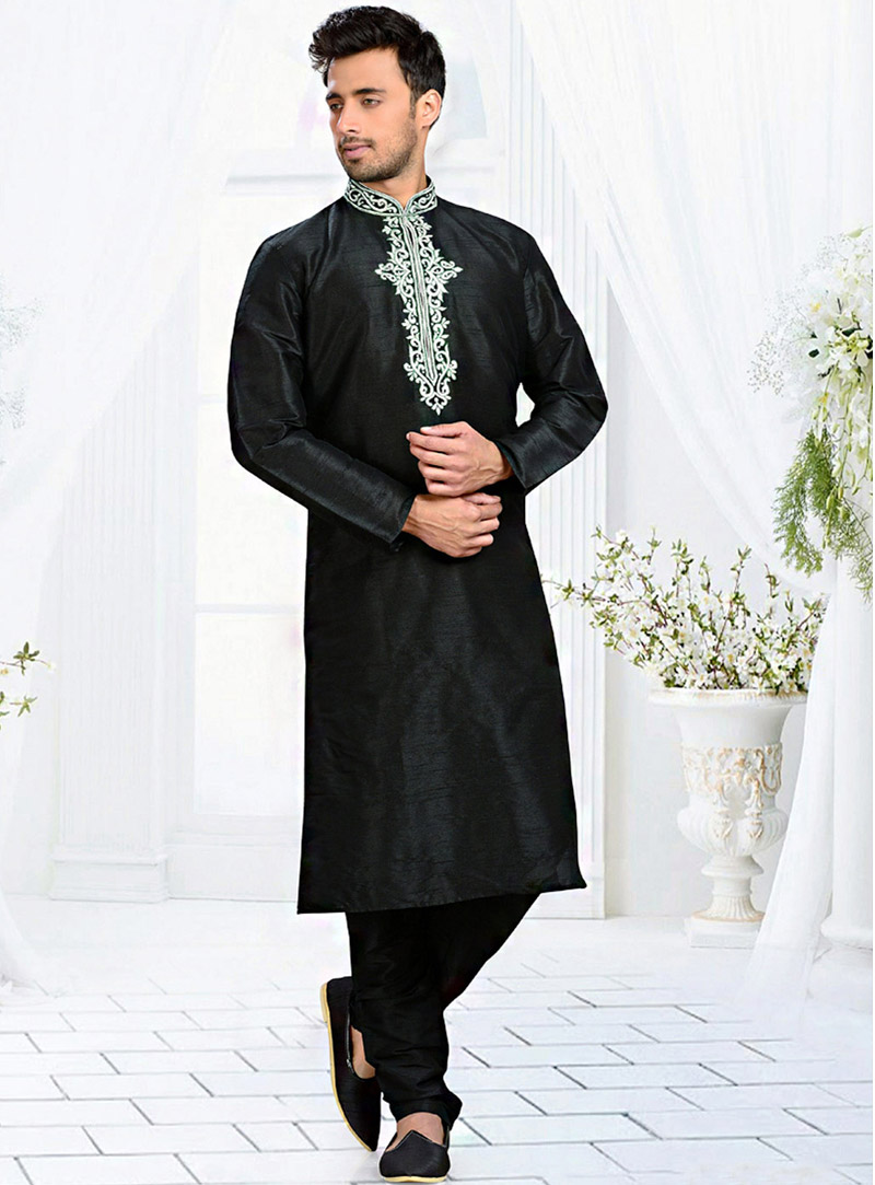 Black Dupion Readymade Kurta With Churidar 73837