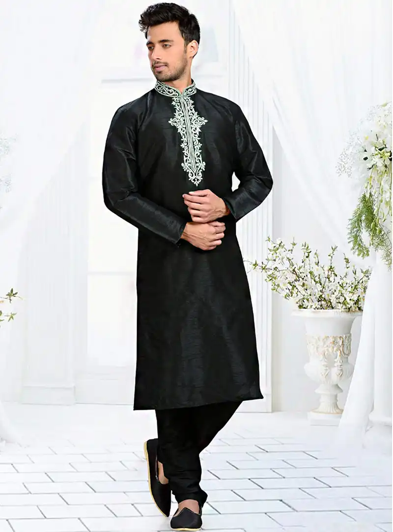 Black Dupion Readymade Kurta With Churidar 73837