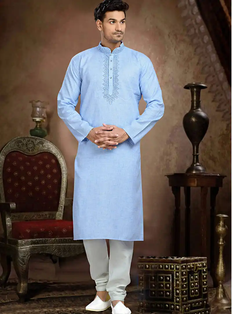 Sky Blue Cotton Readymade Kurta With Churidar 73839