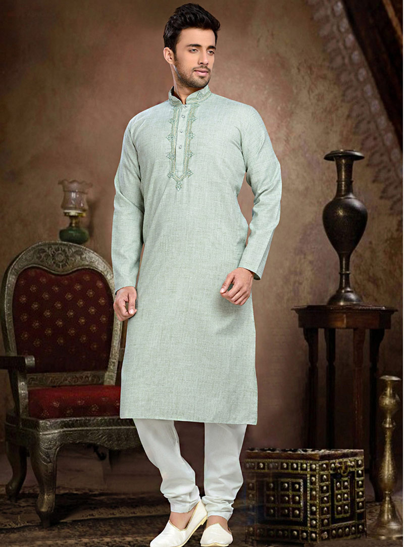 Light Green Cotton Readymade Kurta With Churidar 73840