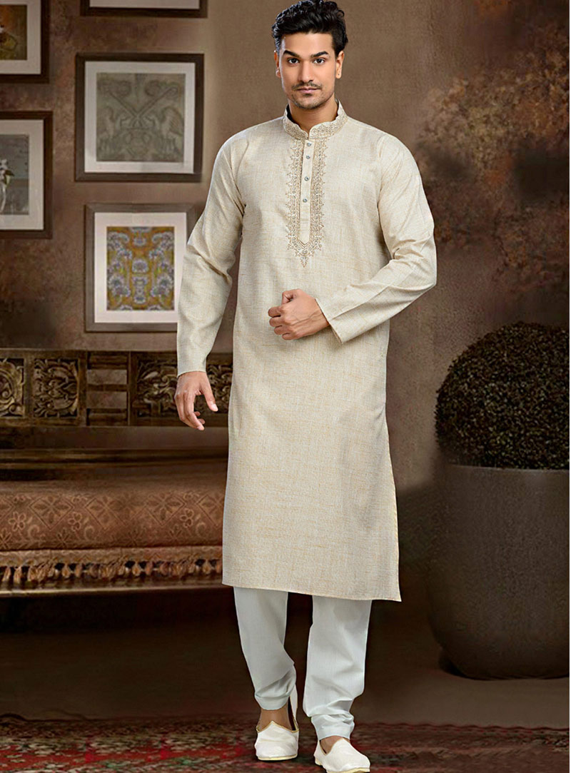 Cream Cotton Readymade Kurta With Churidar 73843