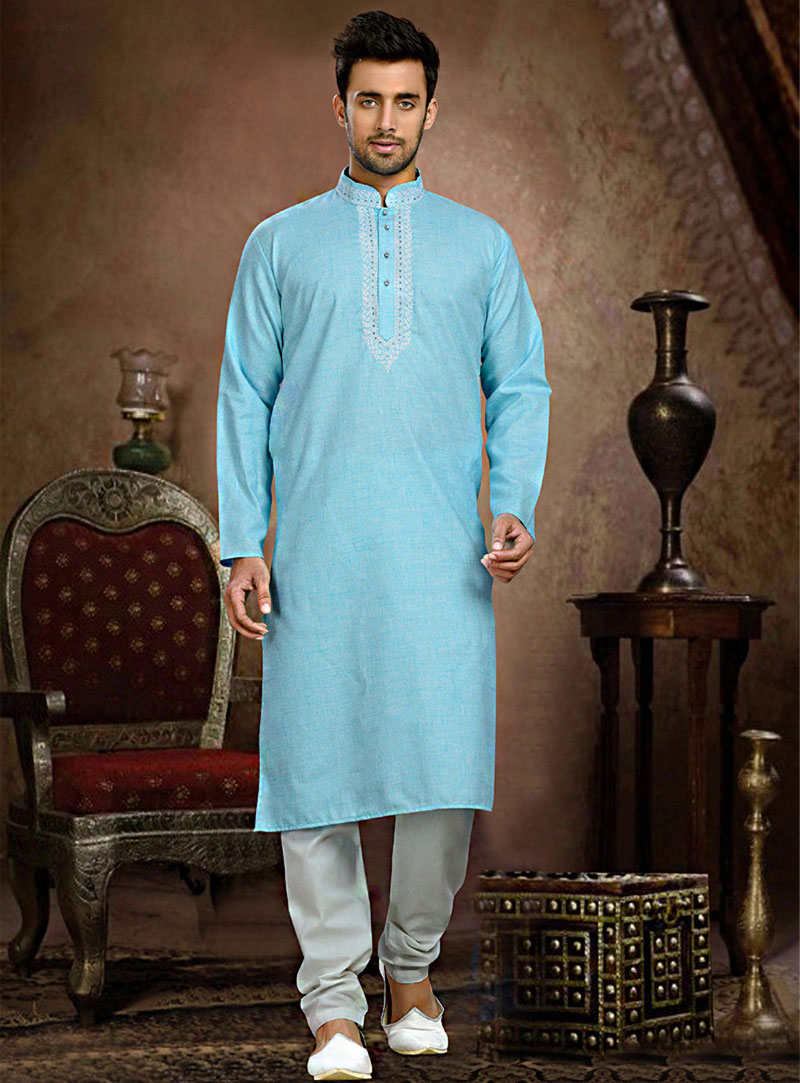 Sky Blue Cotton Readymade Kurta With Churidar 73845
