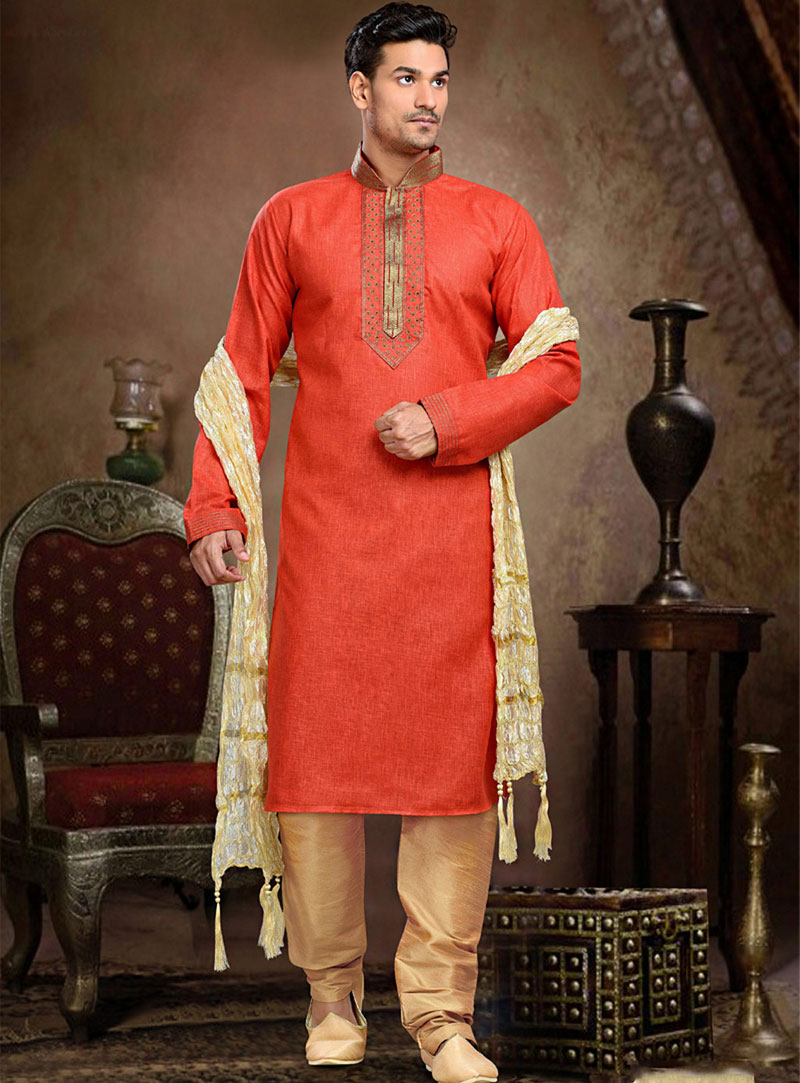 Orange Cotton Readymade Kurta With Churidar 73847