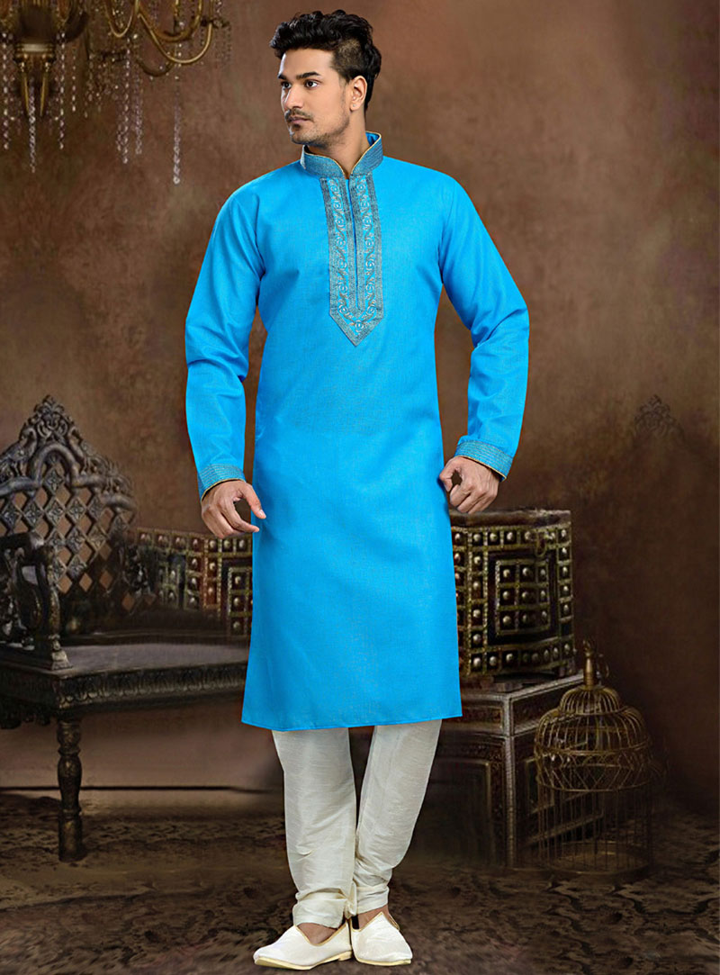 Sky Blue Cotton Readymade Kurta With Churidar 73848