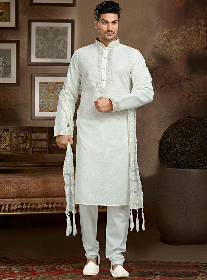 White Cotton Readymade Kurta With Churidar 73849
