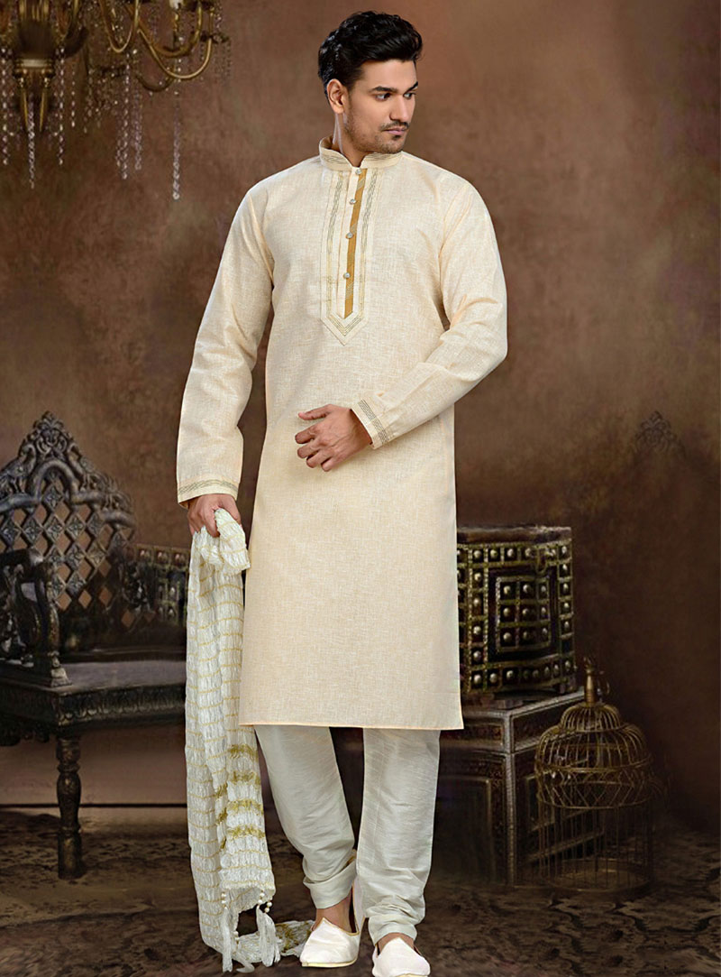 Cream Cotton Readymade Kurta With Churidar 73851