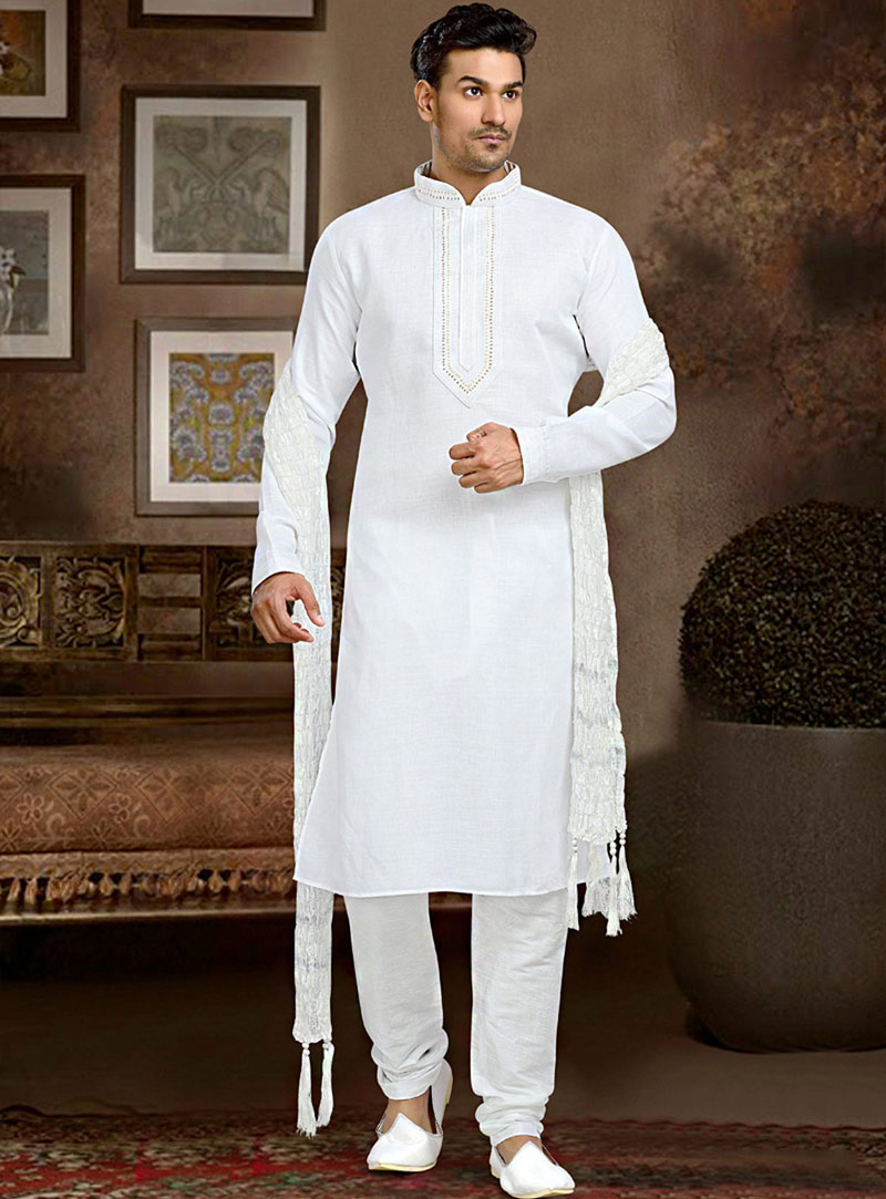 White Cotton Readymade Kurta With Churidar 73852