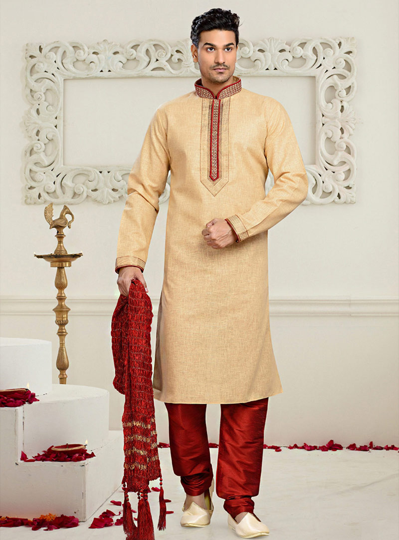 Beige Cotton Readymade Kurta With Churidar 73853