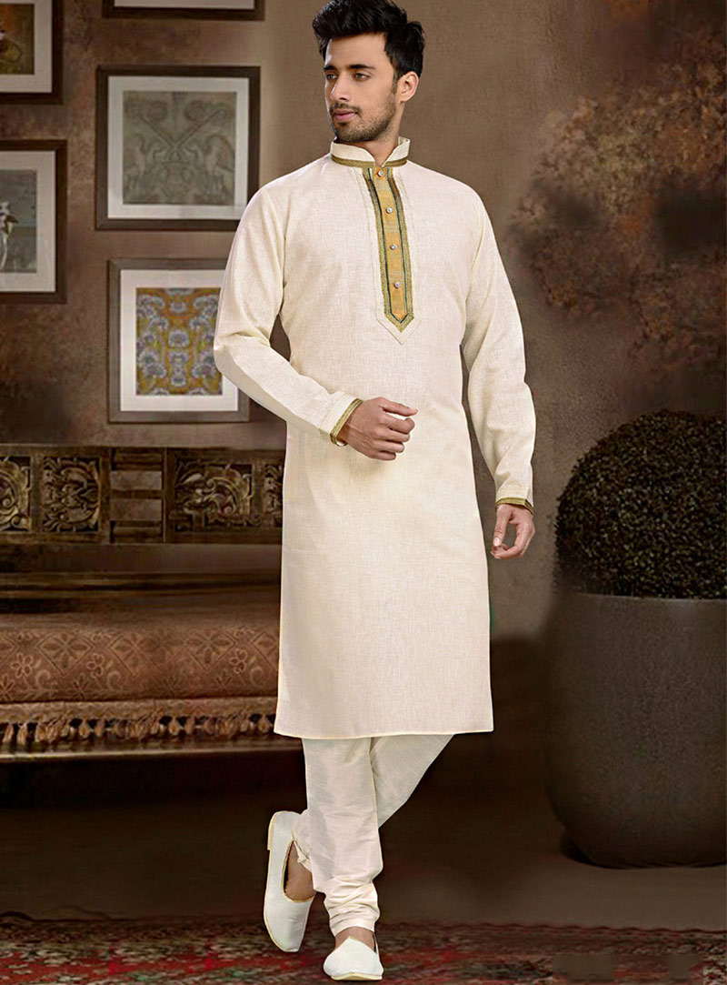 Off White Cotton Readymade Kurta With Churidar 73856