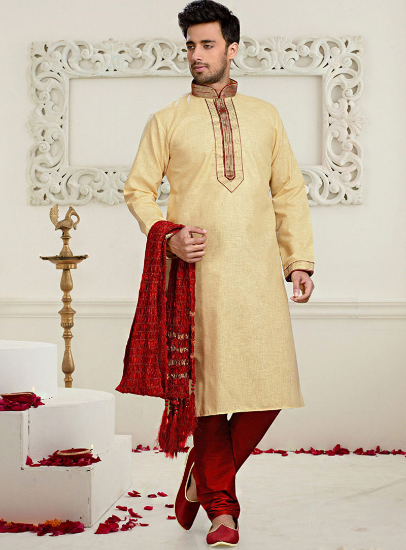 Beige Cotton Readymade Kurta With Churidar 73857