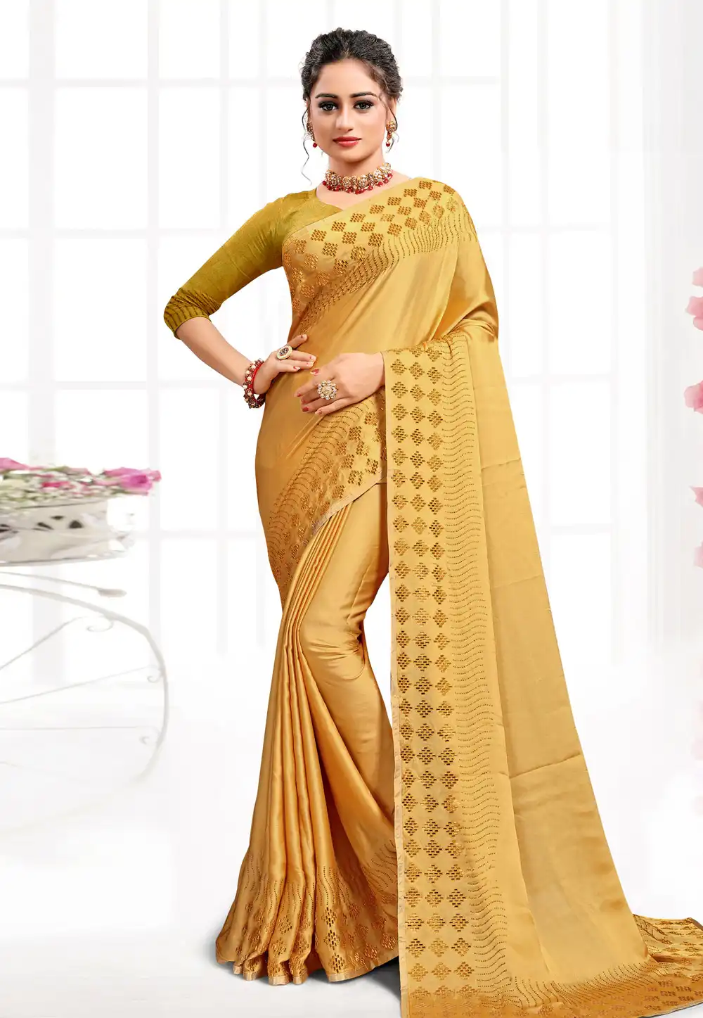Yellow Satin Saree With Blouse 216502