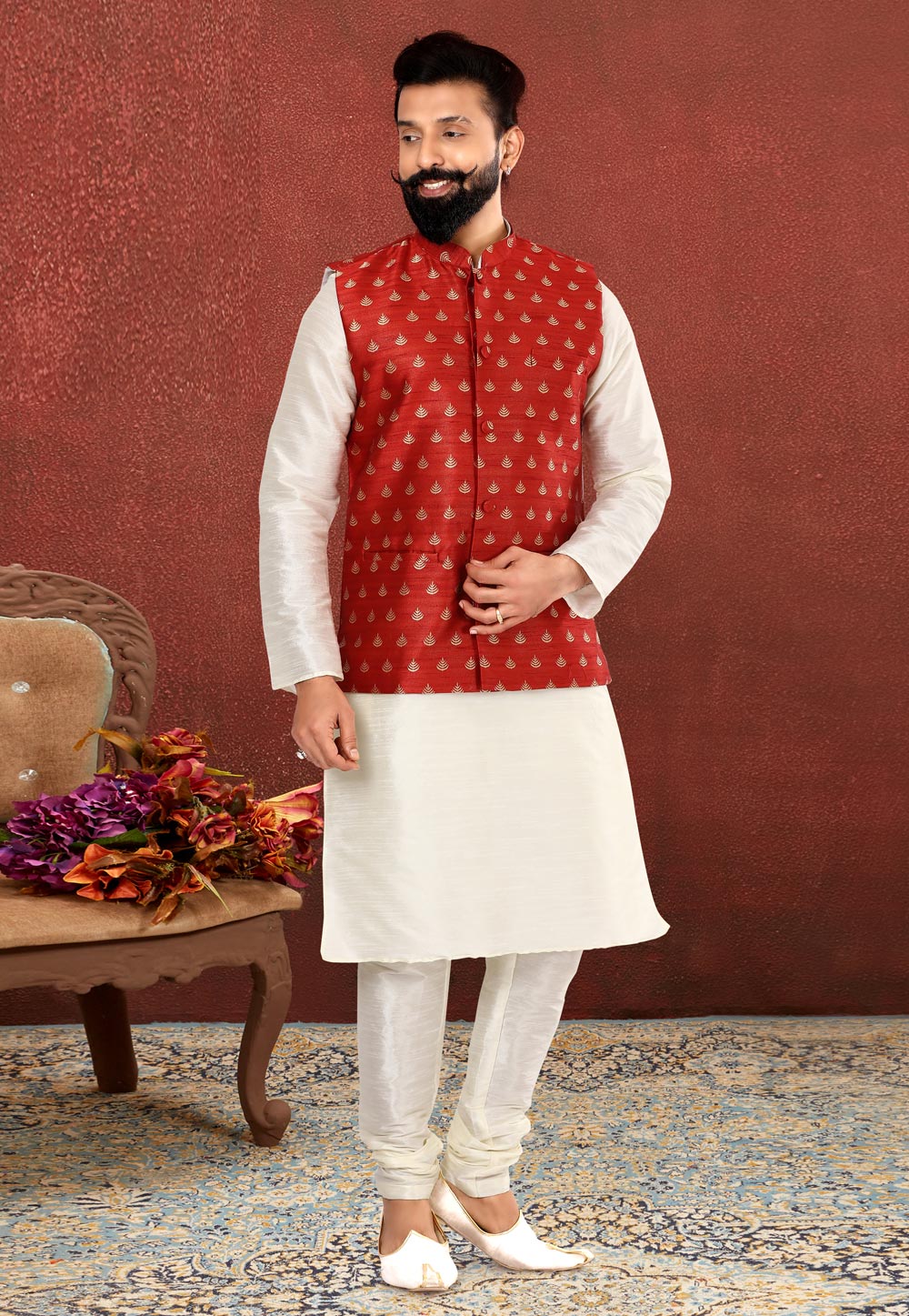 White Dupion Silk Kurta Pajama With Jacket 238525