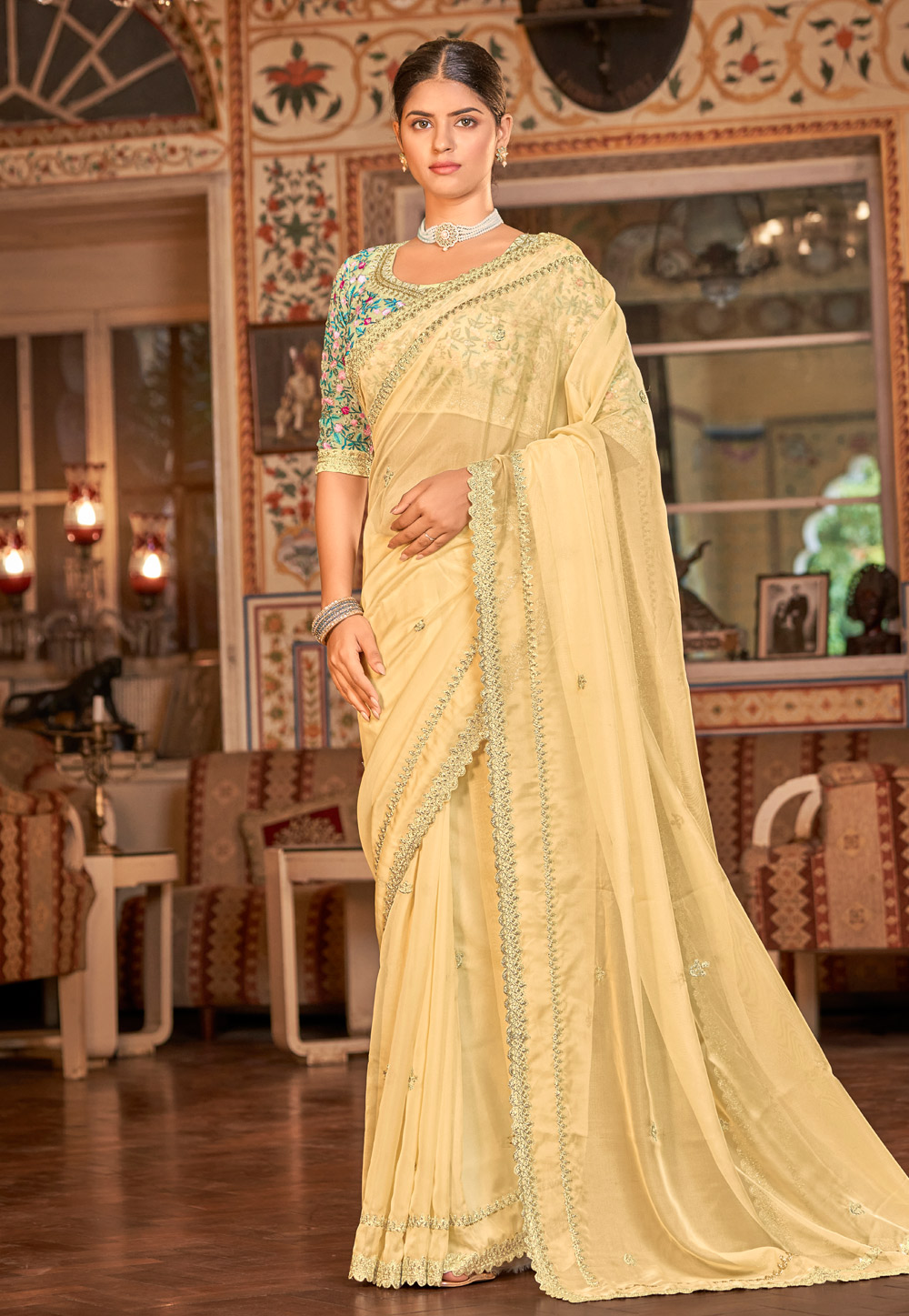 Light Yellow Organza Saree With Blouse 250230