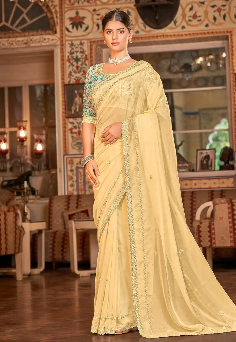 Light Yellow Organza Saree With Blouse 250230