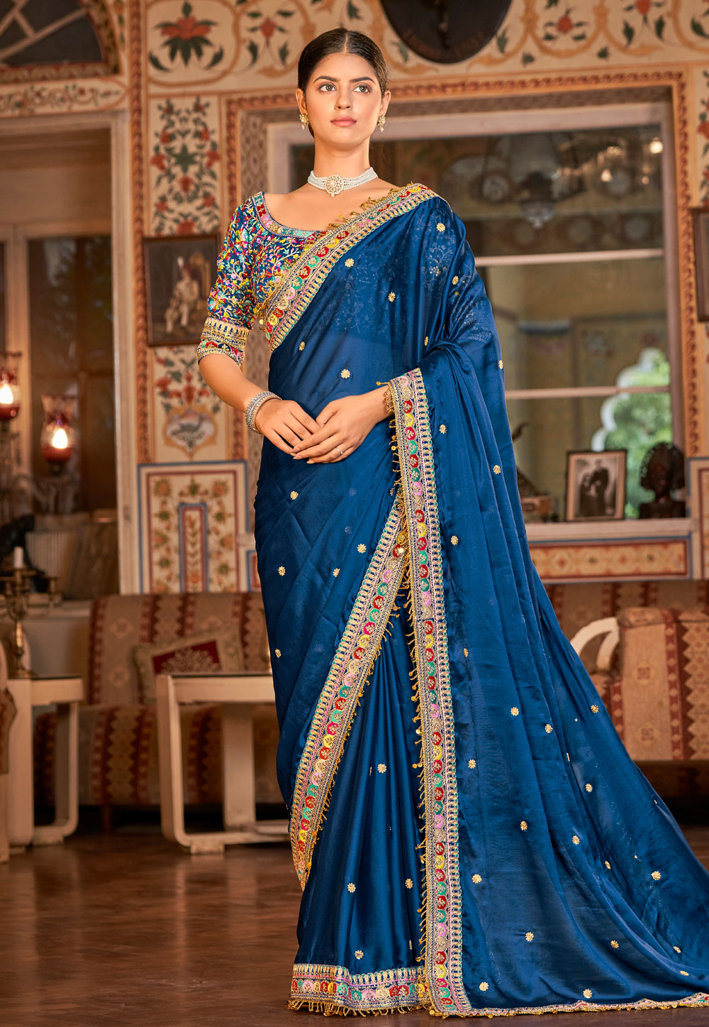 Navy Blue Organza Saree With Blouse 250231