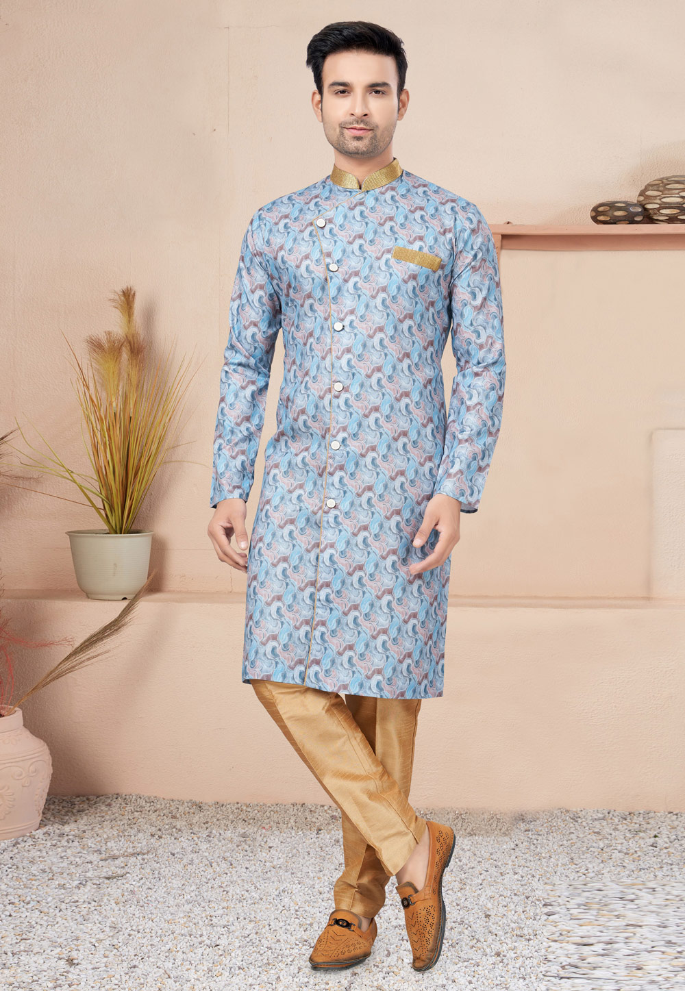 Blue Cotton Indo Western Suit 270723
