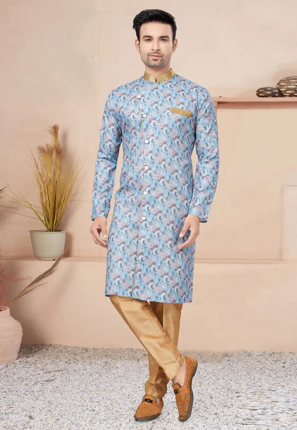 Blue Cotton Indo Western Suit 270723
