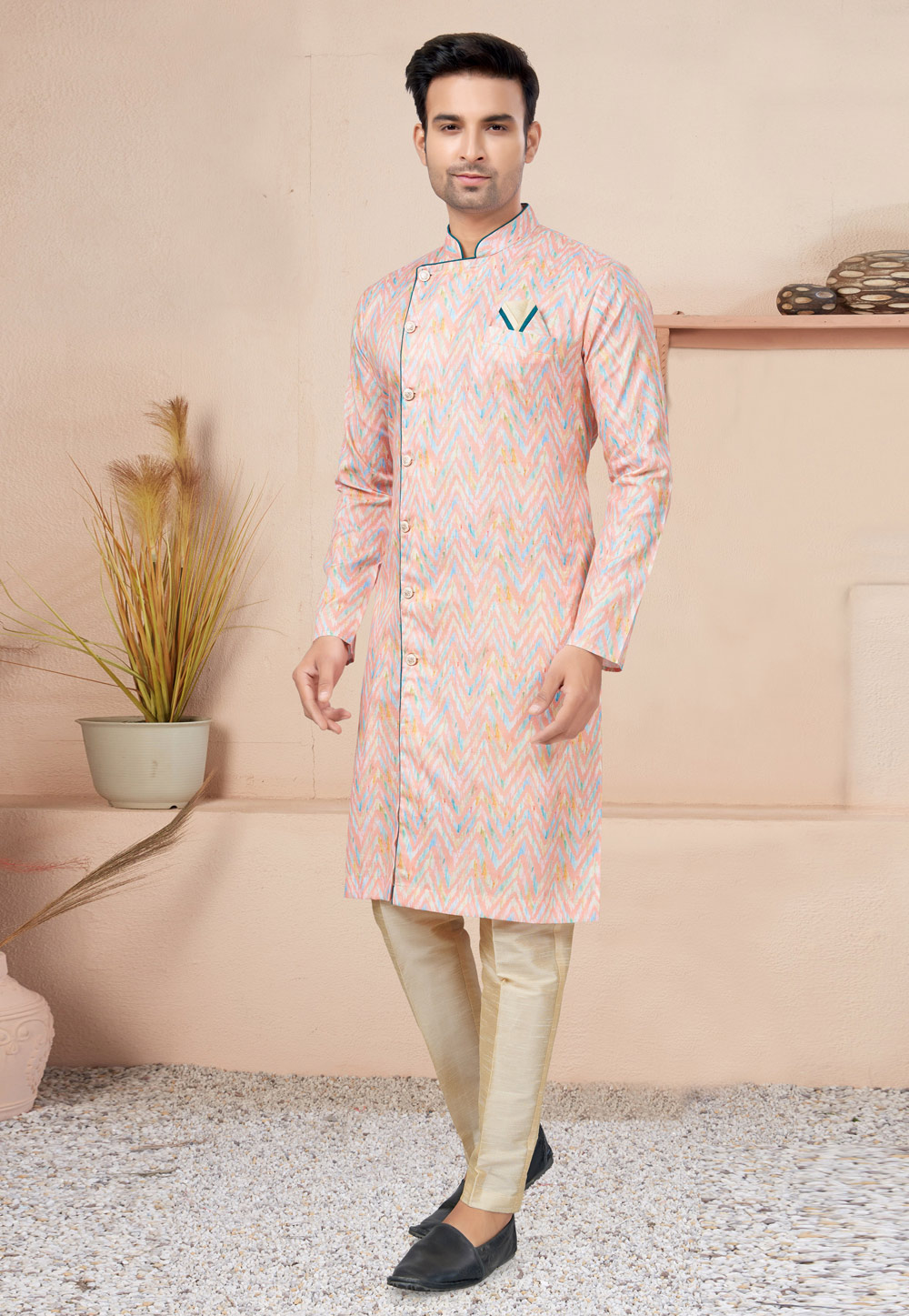 Peach Cotton Indo Western Suit 270727