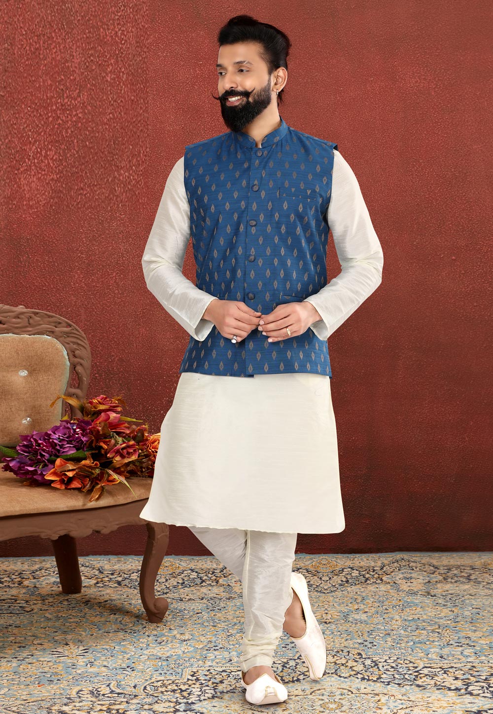 White Dupion Silk Kurta Pajama With Jacket 238526
