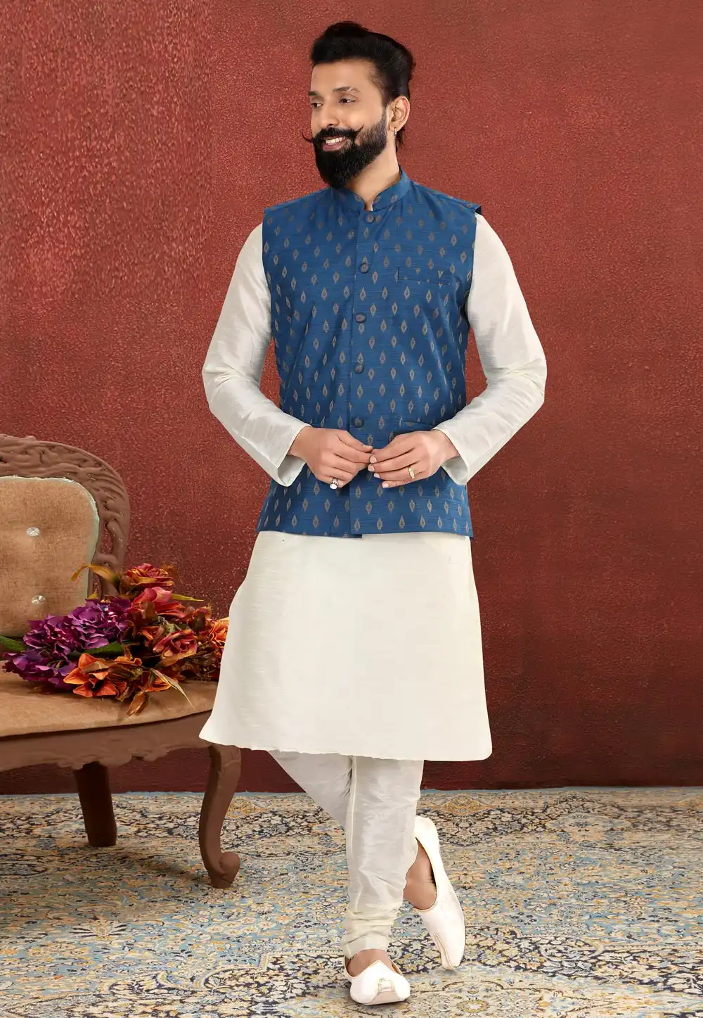 White Dupion Silk Kurta Pajama With Jacket 238526