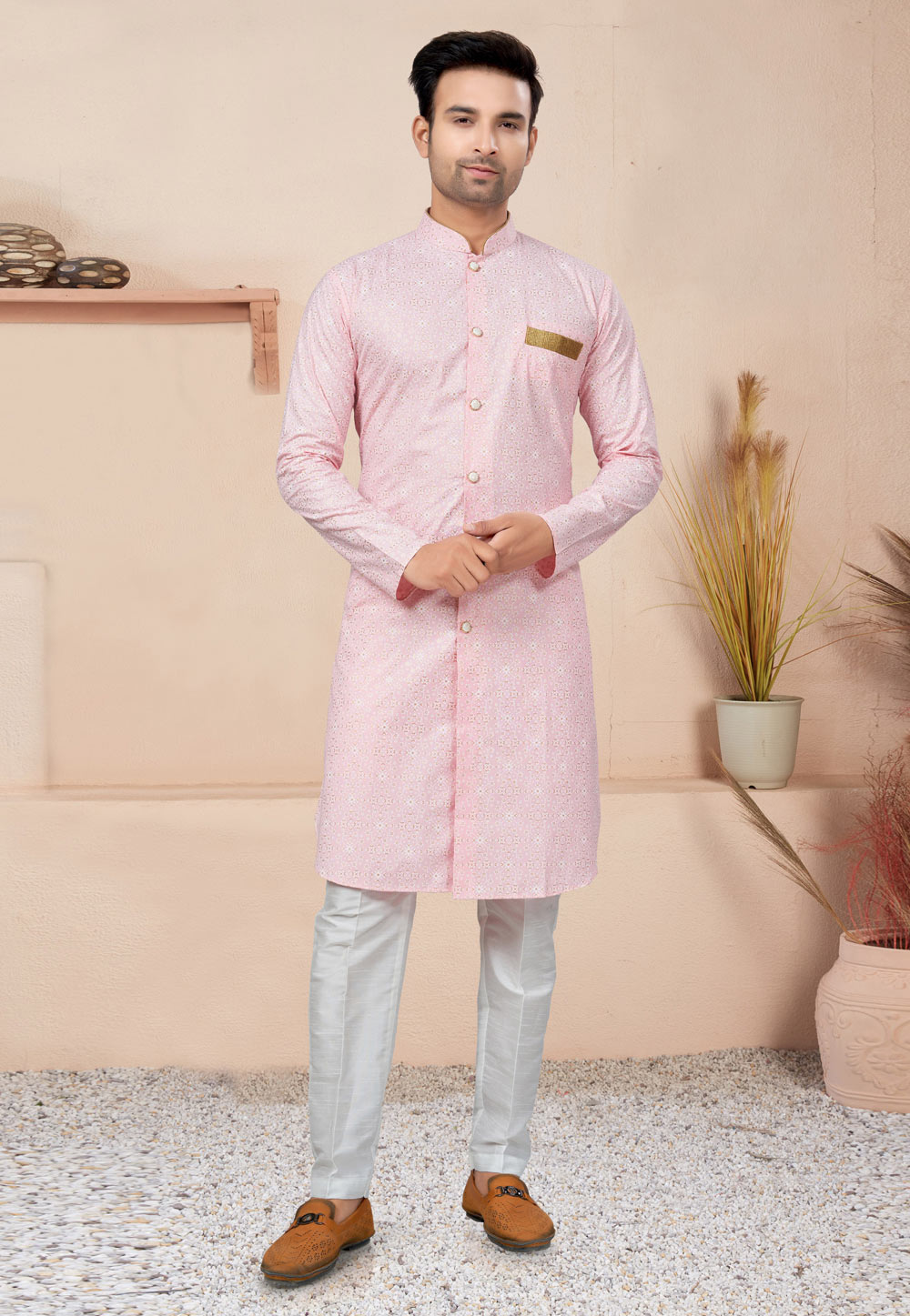 Light Pink Cotton Indo Western Suit 270731