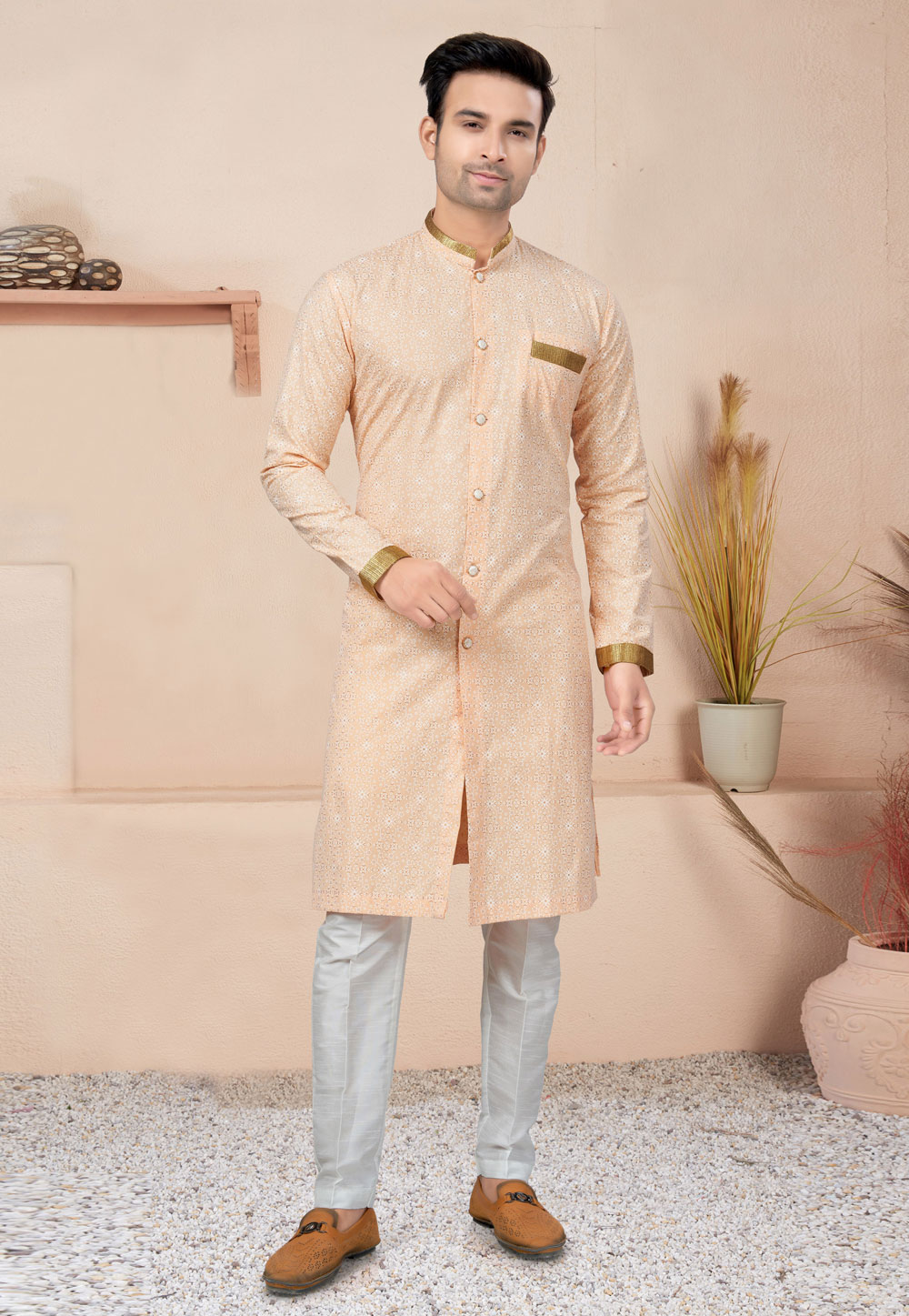 Peach Cotton Indo Western Suit 270735