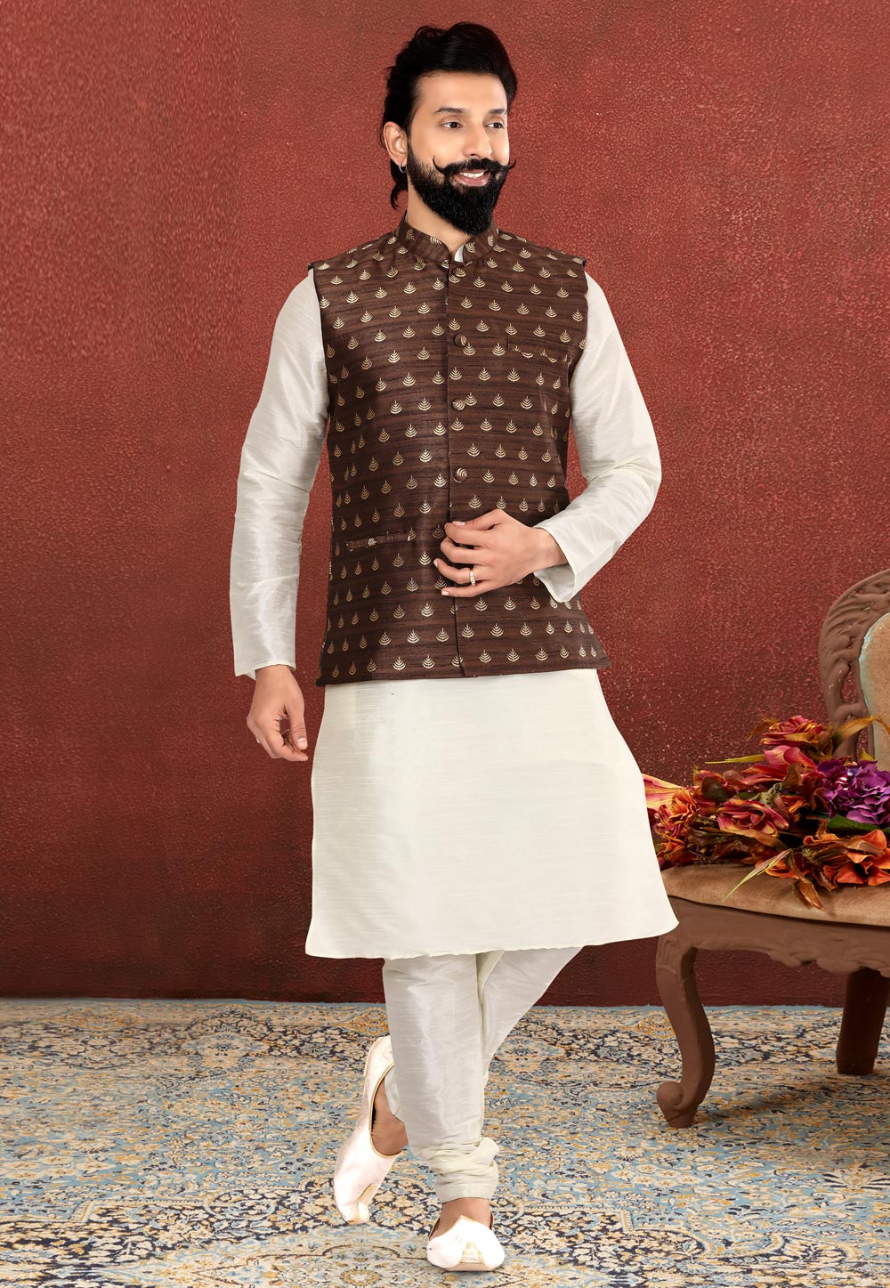 White Dupion Silk Kurta Pajama With Jacket 238527