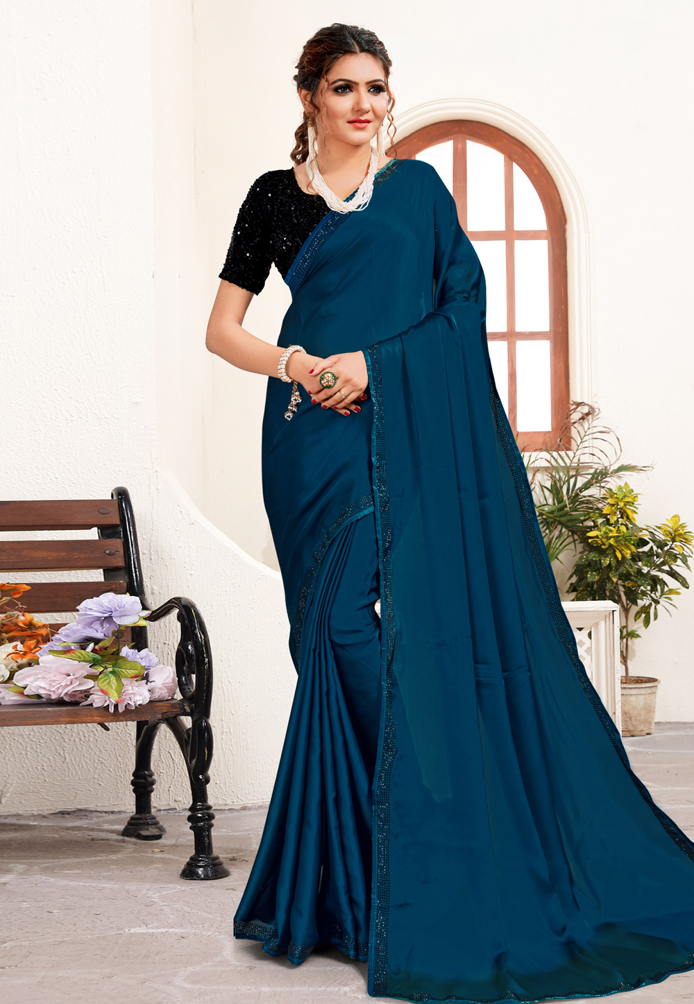 Blue Satin Saree With Blouse 217567
