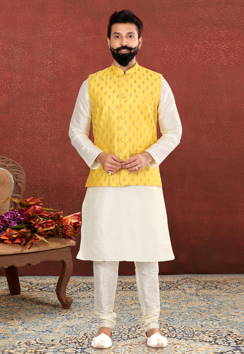White Dupion Silk Kurta Pajama With Jacket 238528