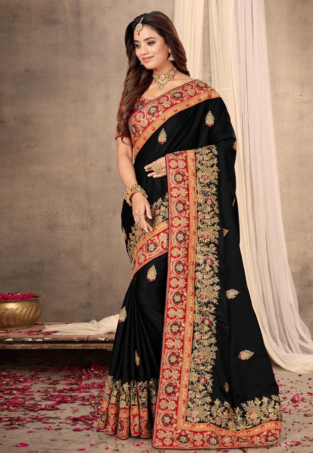 Black Satin Embroidered Festival Wear Saree 217722