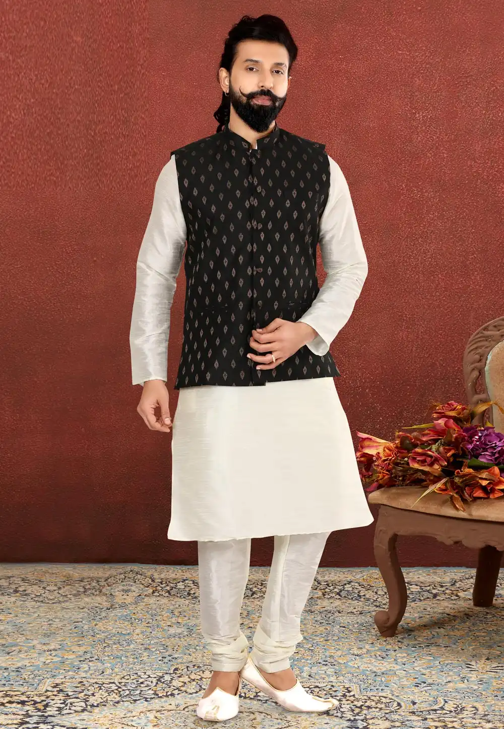 White Dupion Silk Kurta Pajama With Jacket 238529