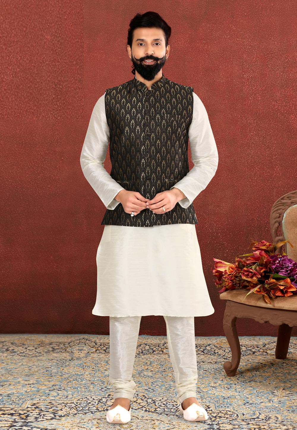 White Dupion Silk Kurta Pajama With Jacket 238530