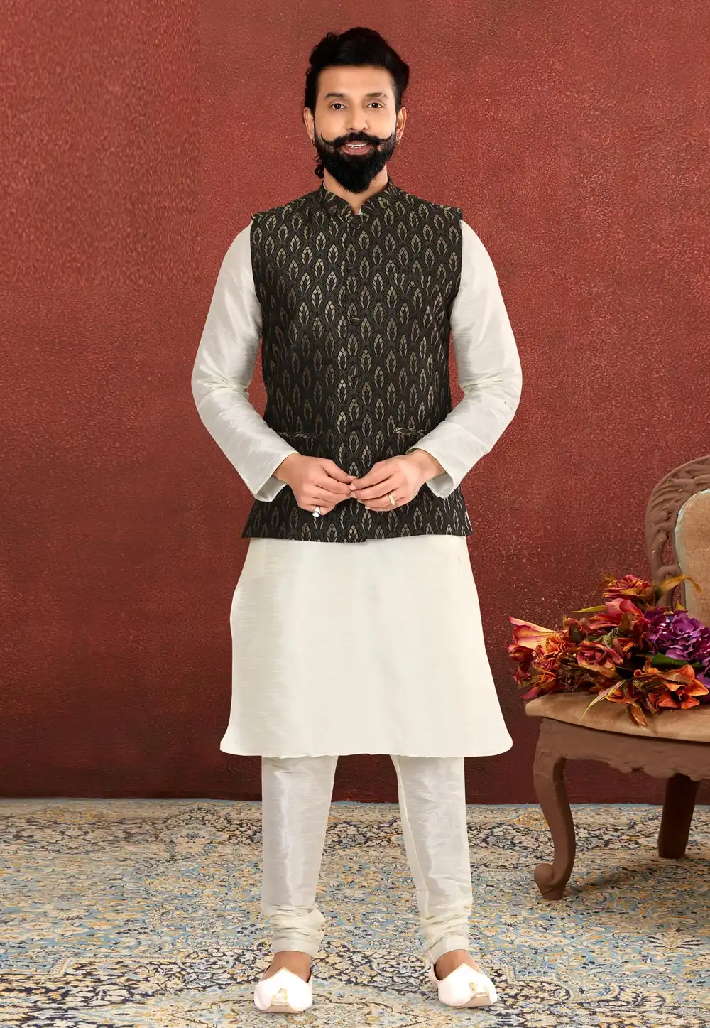 White Dupion Silk Kurta Pajama With Jacket 238530
