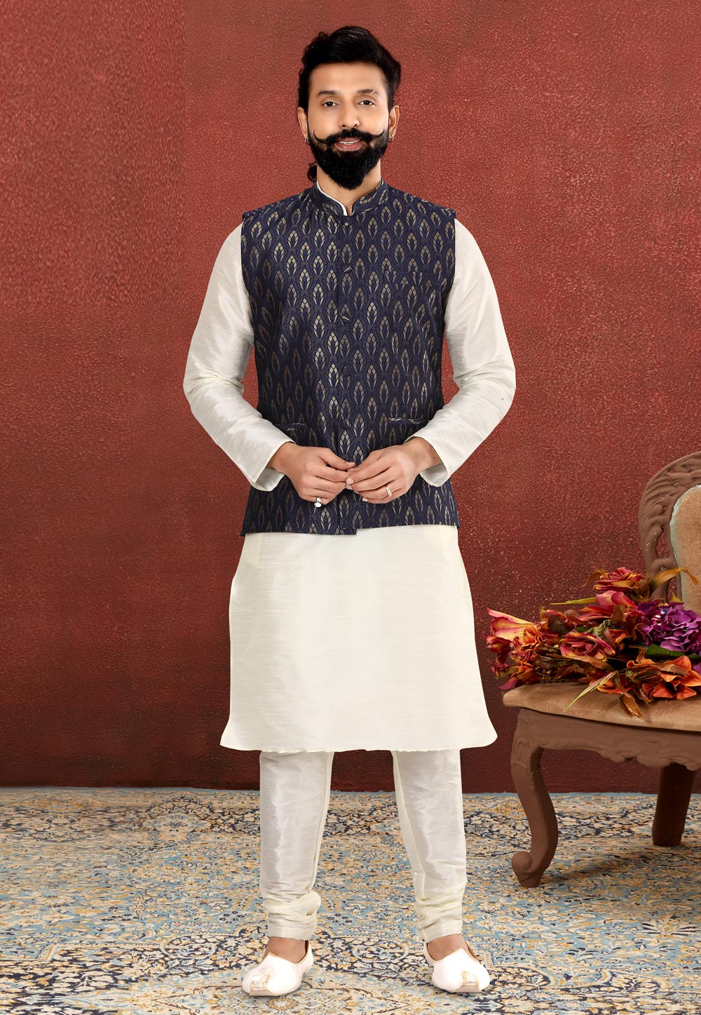 White Dupion Silk Kurta Pajama With Jacket 238531