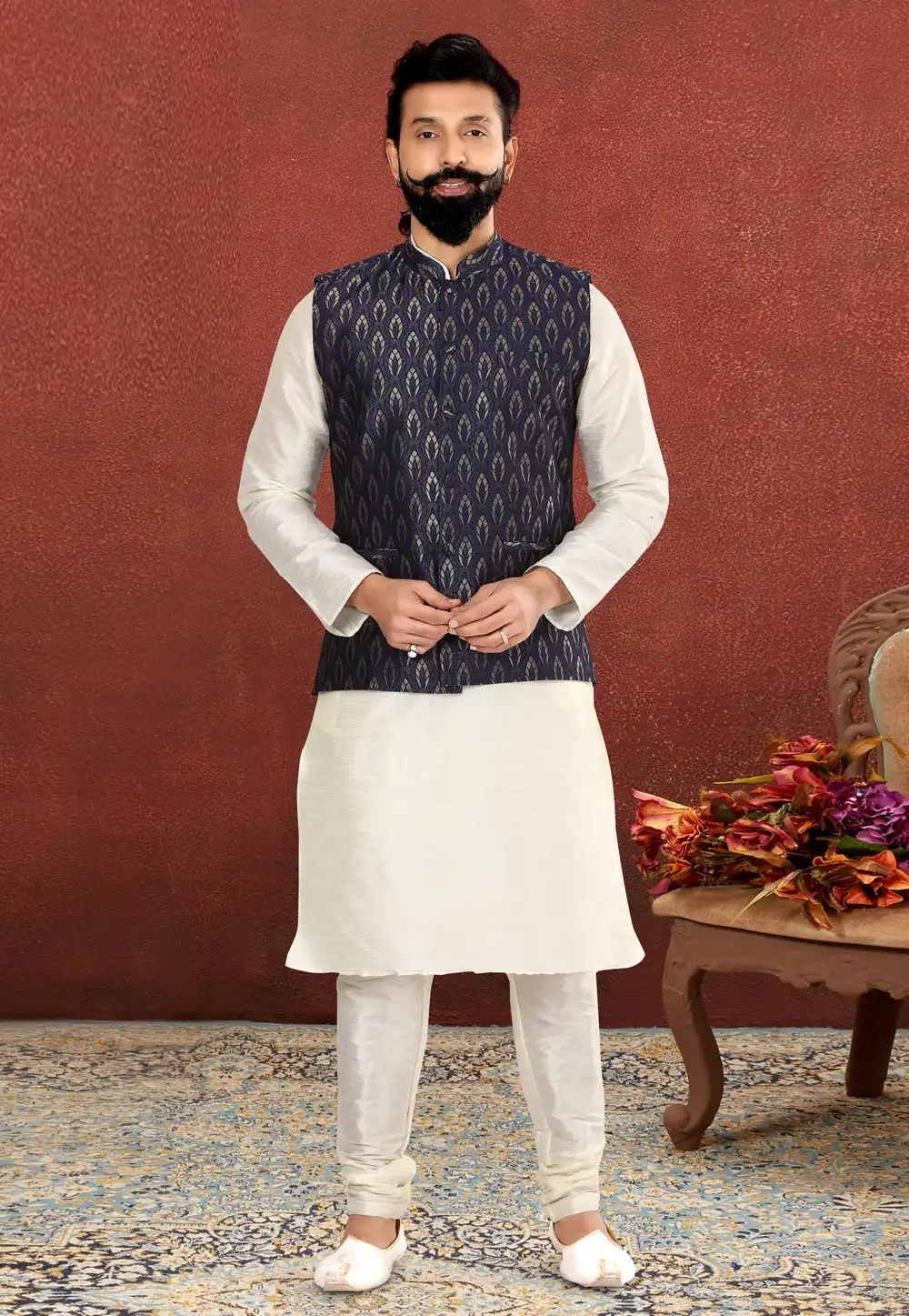 White Dupion Silk Kurta Pajama With Jacket 238531