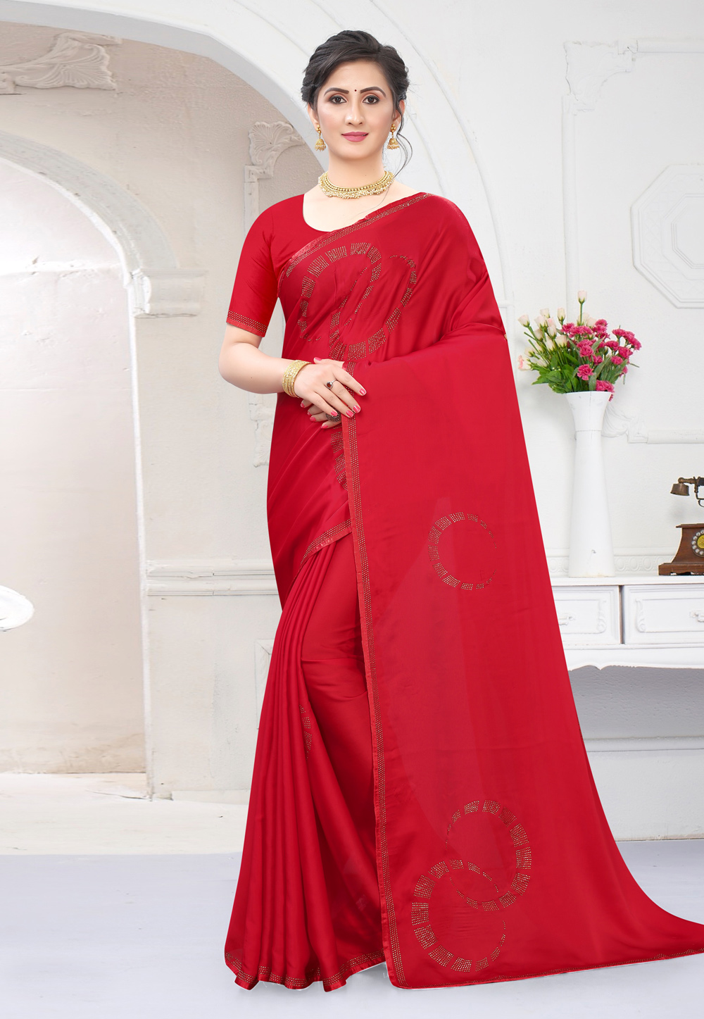 Red Satin Stone Work Saree 218326