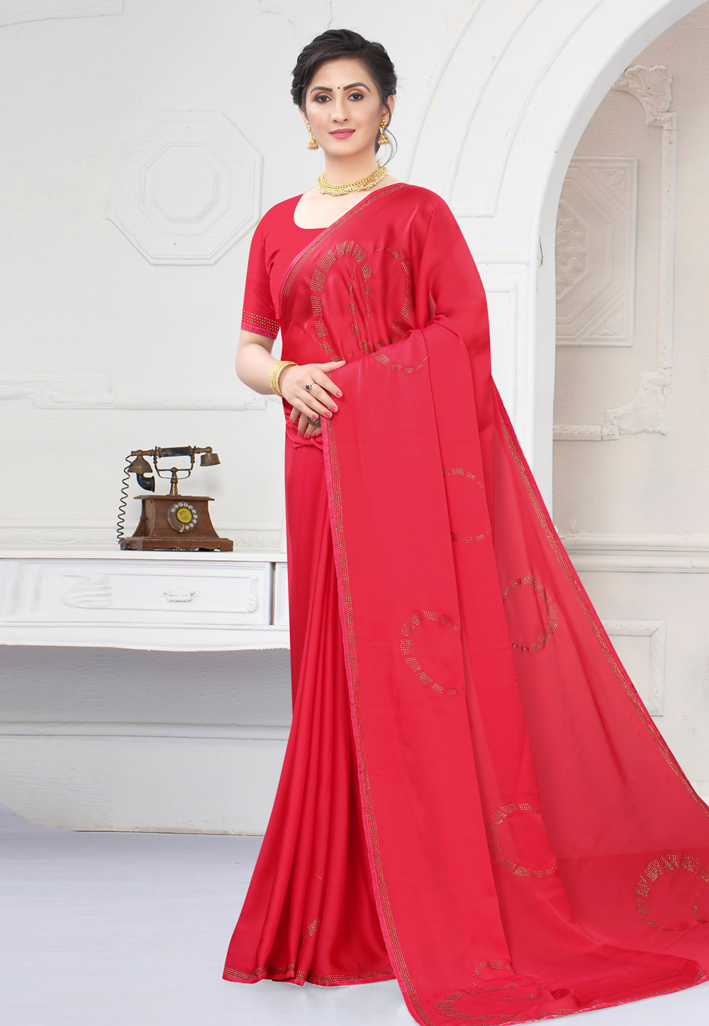 Red Satin Saree With Blouse 218331