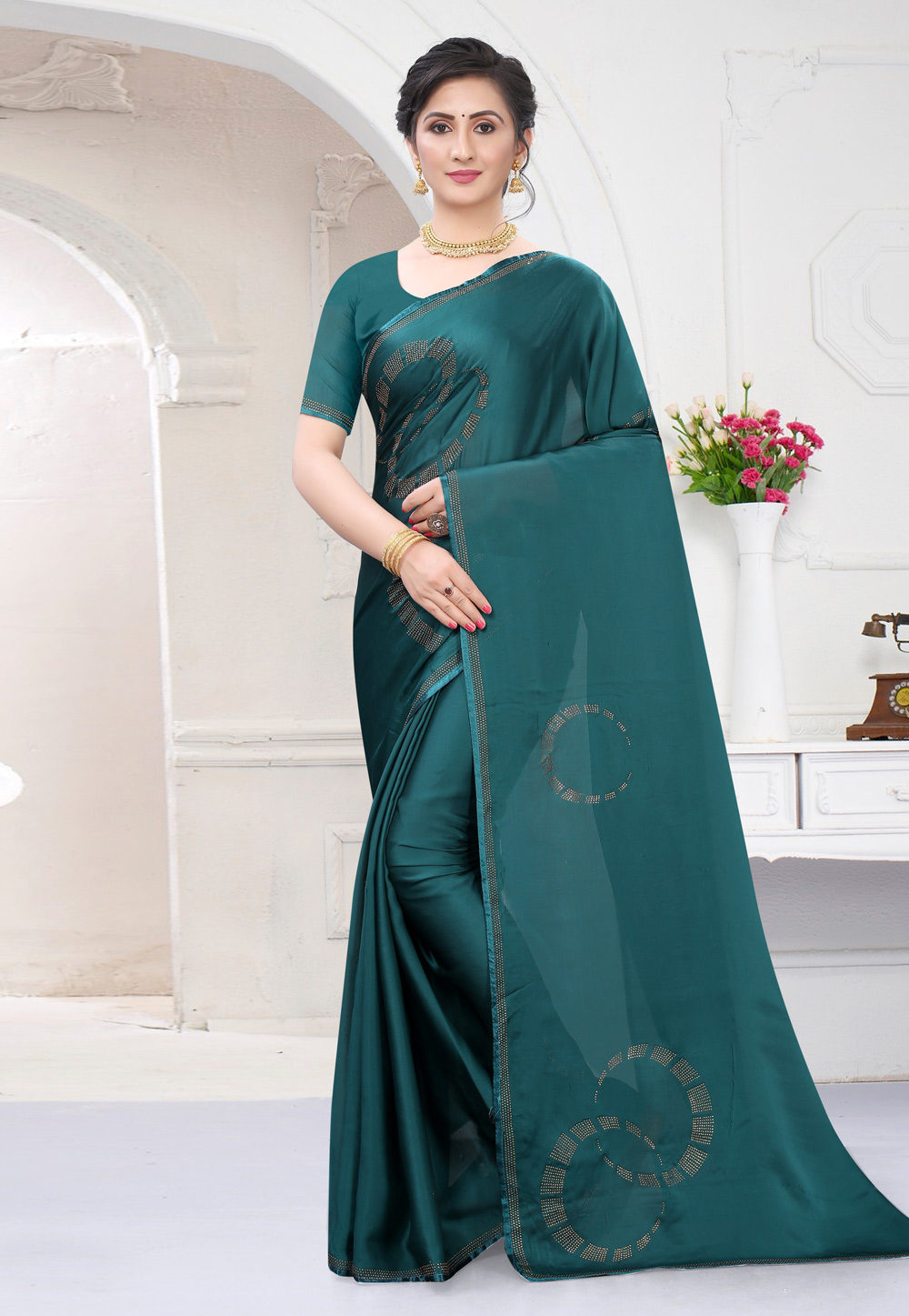 Teal Satin Stone Work Saree 218332