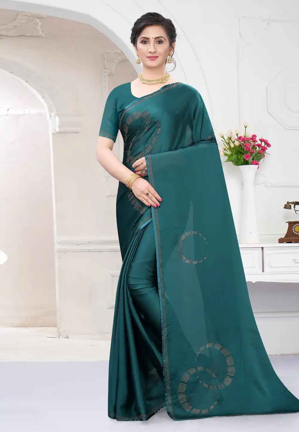 Teal Satin Stone Work Saree 218332