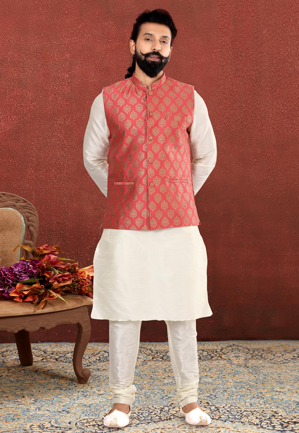 White Dupion Silk Kurta Pajama With Jacket 238532