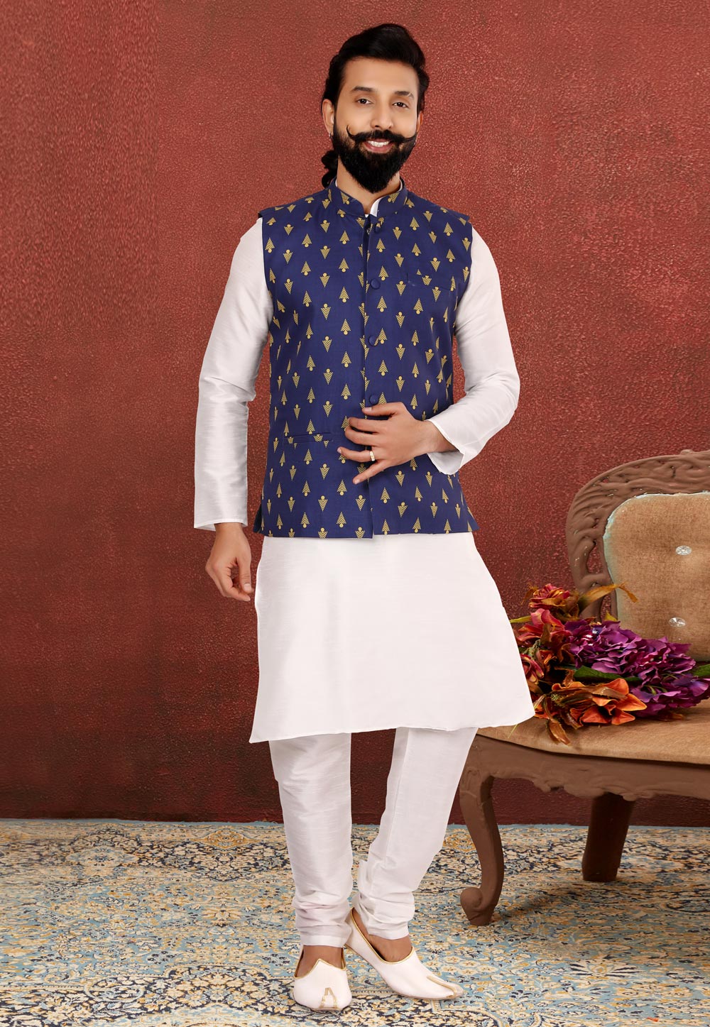 White Dupion Silk Kurta Pajama With Jacket 238533