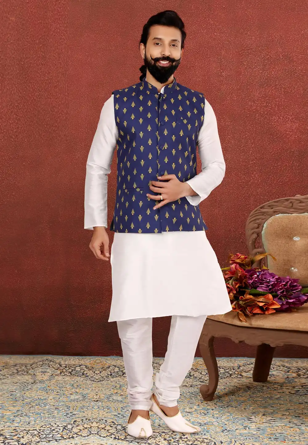 White Dupion Silk Kurta Pajama With Jacket 238533