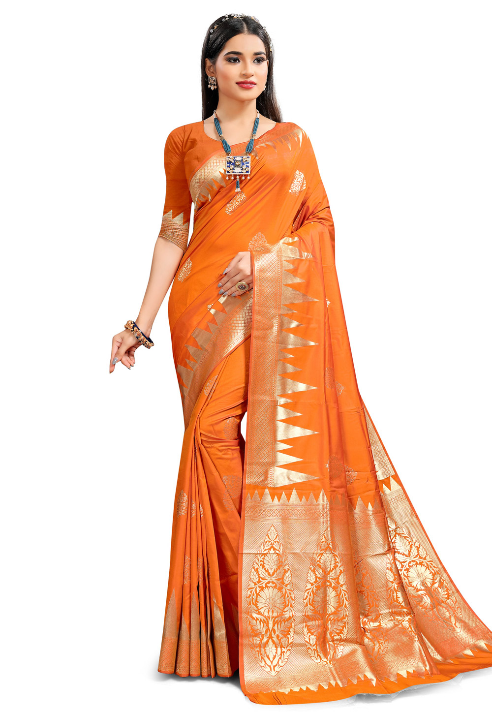 Orange Jacquard Saree With Blouse 218302