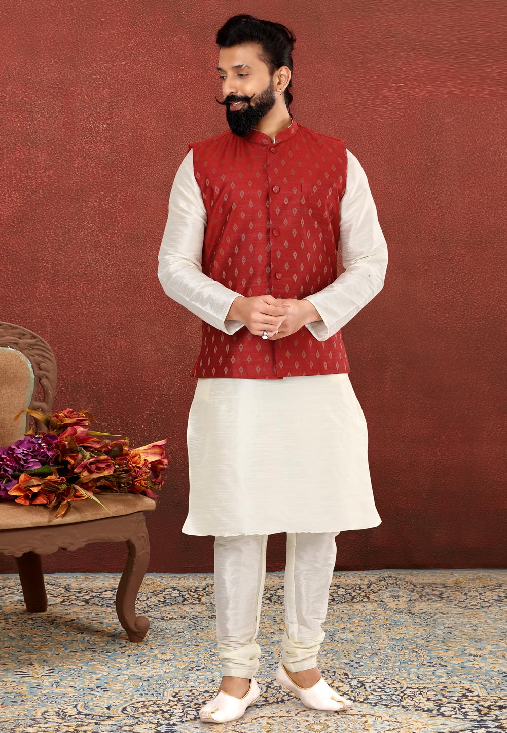 White Dupion Silk Kurta Pajama With Jacket 238534