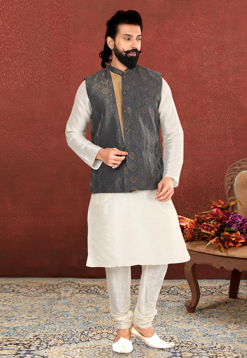 White Dupion Silk Kurta Pajama With Jacket 238535