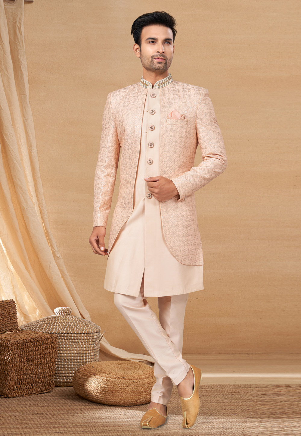 Peach Polyester Indo Western Sherwani 270791
