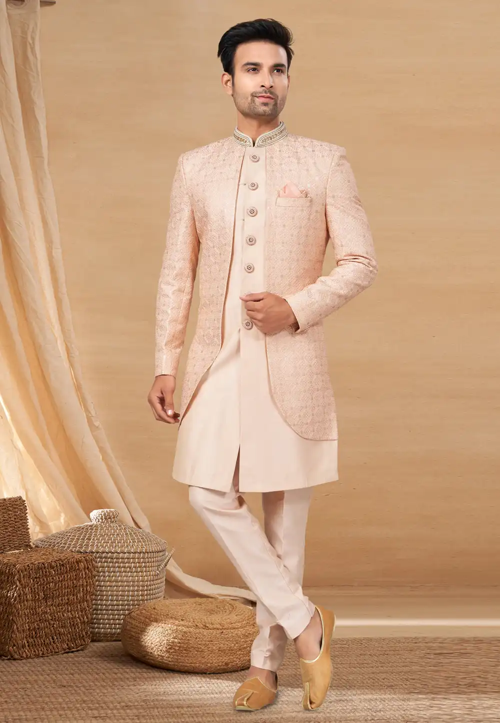 Peach Polyester Indo Western Sherwani 270791