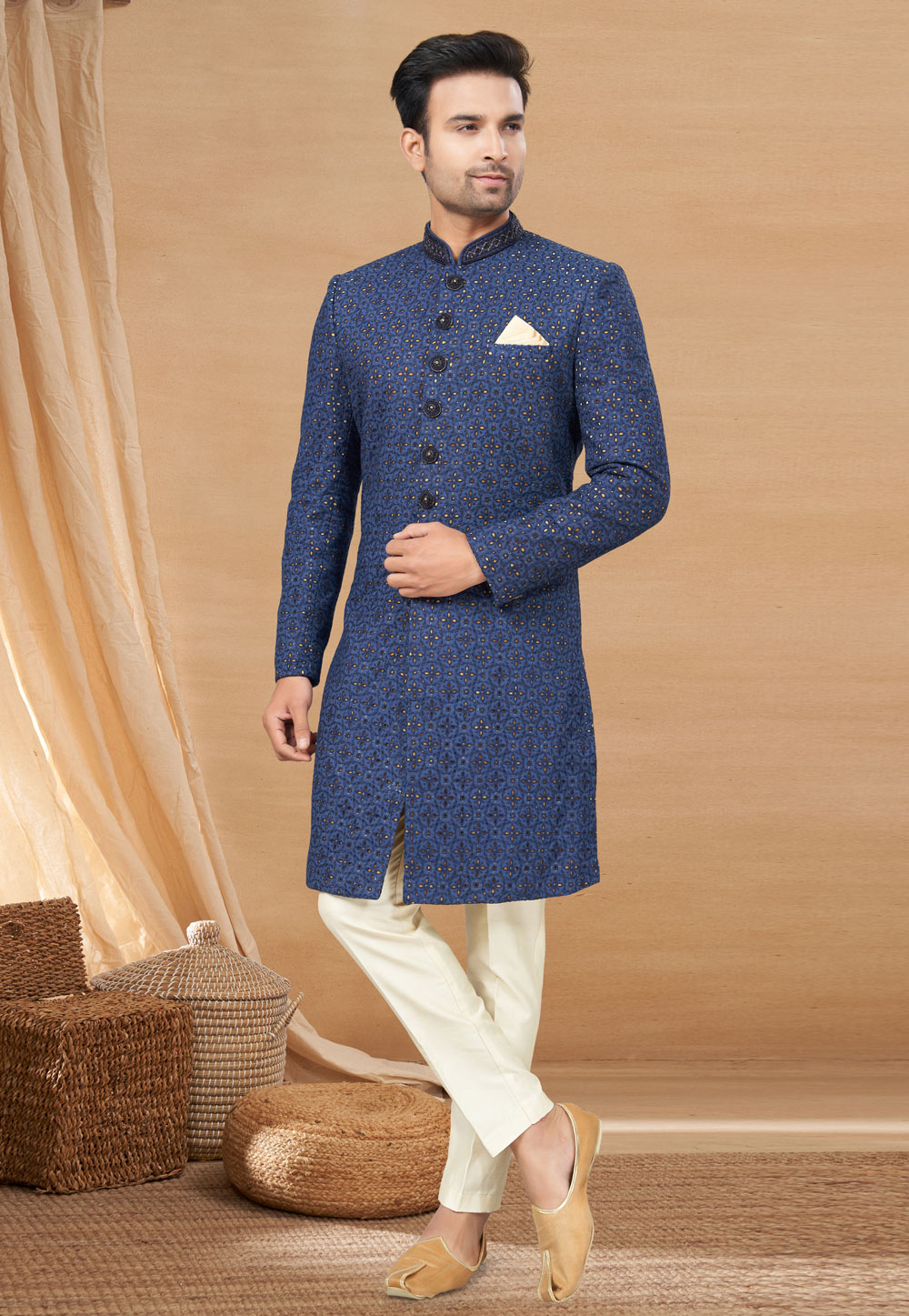Navy Blue Art Silk Achkan Style Sherwani 270794