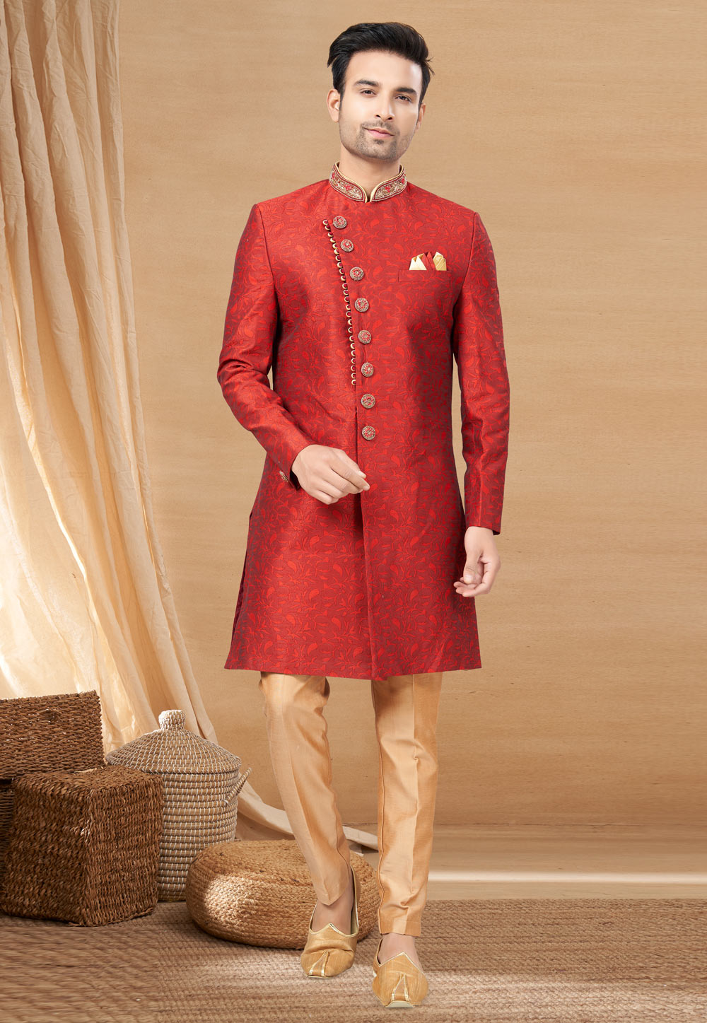 Red Jacquard Indo Western Sherwani 270796